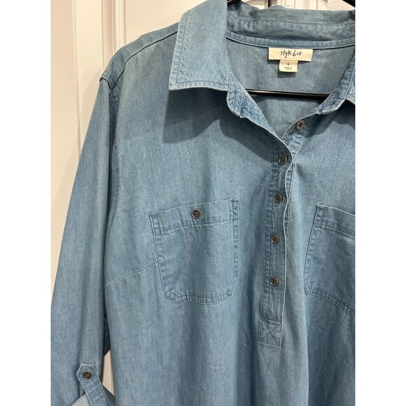 Style & Co Denim Shirt Dress Rolled Sleeves Button Front Chest Pockets Blue Sz L - Picture 4 of 9